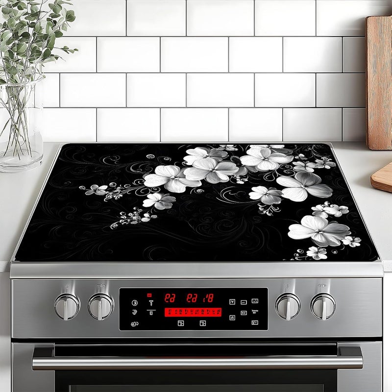 BVBOX Stove Top Cover Retro Flower Gas Stove Top Cover for Home Decoration Kitchen Pad Non-Stick Washable Cooktop Covers Countertop Protector Keep Stove Clean 28"x20" (White flower-2) - Image 1